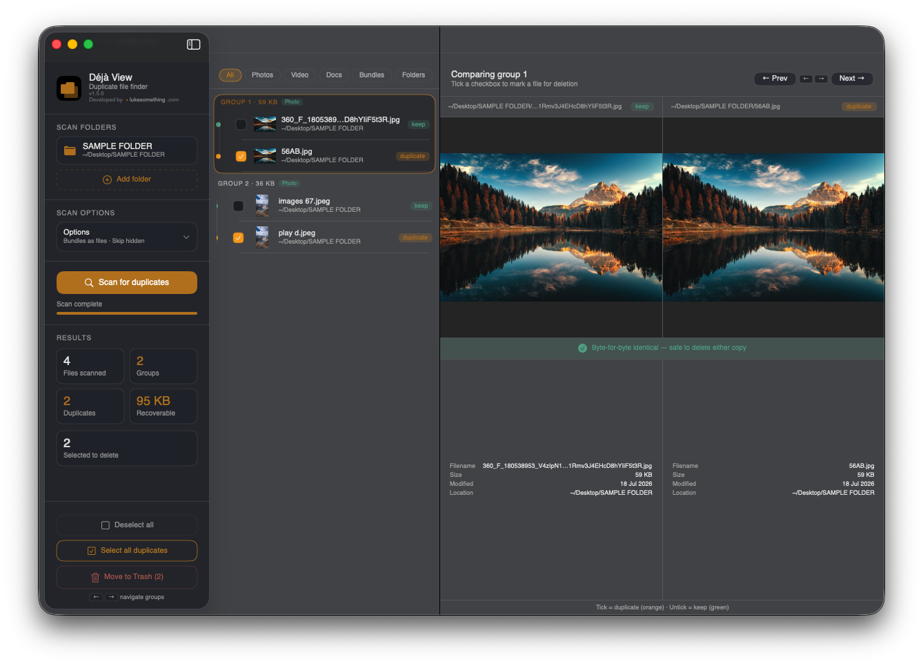 Déjà View comparing a duplicate group side by side, showing matching photos, file details, and a byte-for-byte identical confirmation.