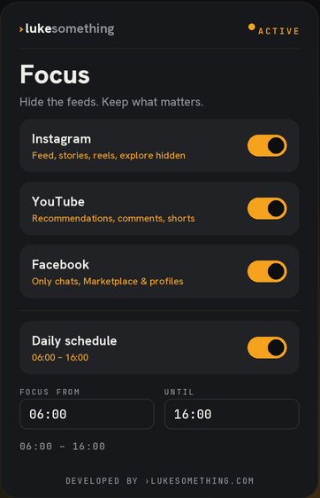 Focus popup showing the Instagram, YouTube, and Facebook toggles switched on, plus a daily schedule set from 06:00 to 16:00.