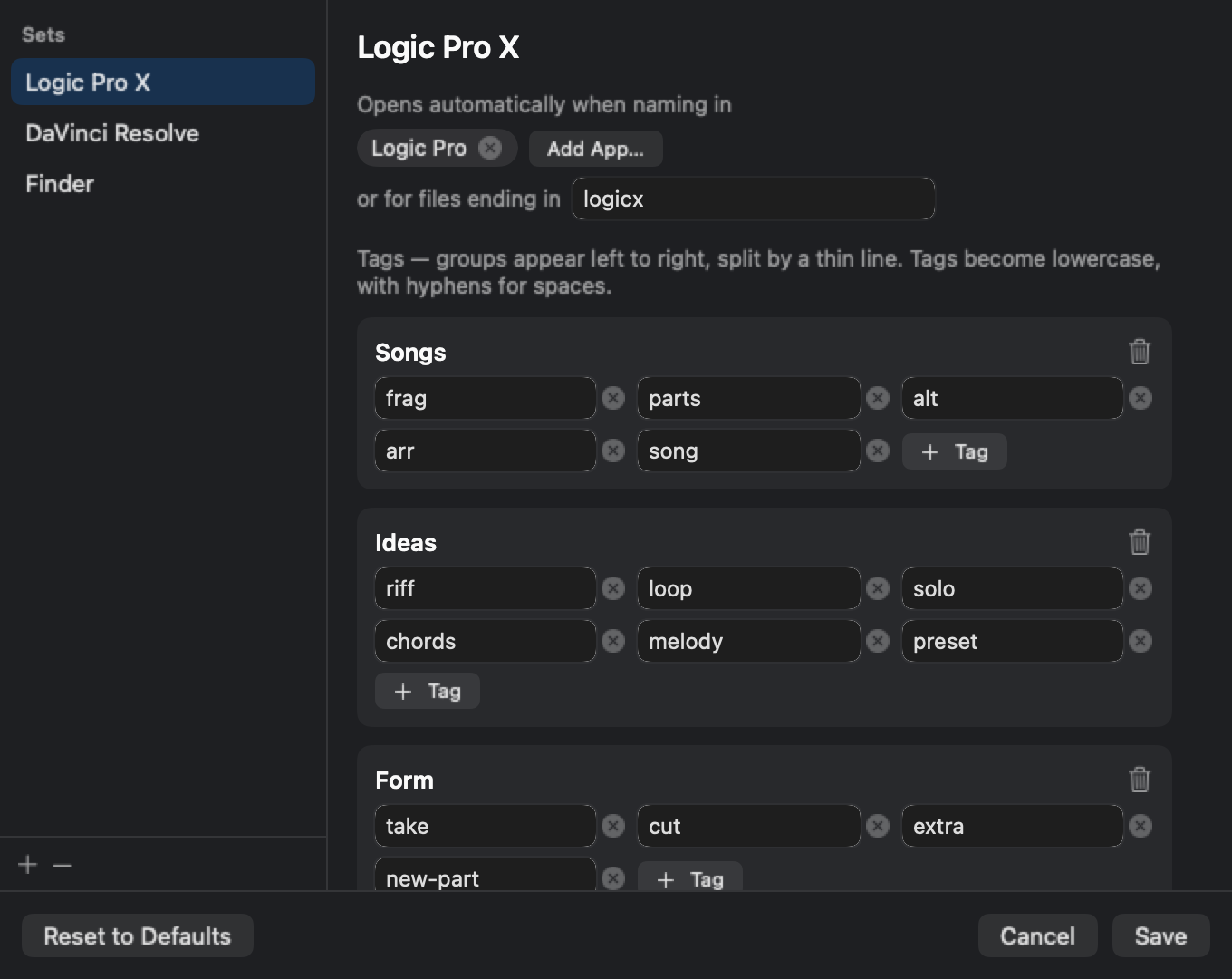 The Edit Tags window: a list of sets on the left, and the Logic Pro X set on the right, linked to Logic Pro and .logicx files, with Songs, Ideas, and Form tag groups.