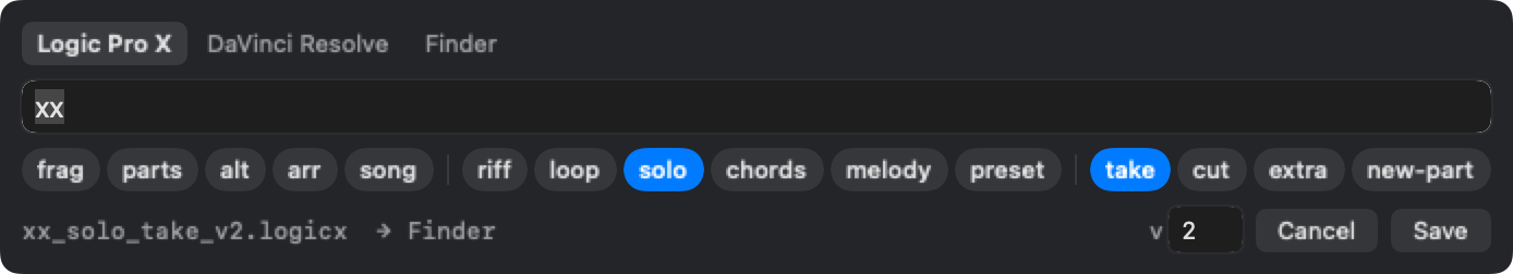 The Name Logic popup: set buttons for Logic Pro X, DaVinci Resolve, and Finder, a descriptor field reading xx, three groups of tags with solo and take selected, version 2, and the preview xx_solo_take_v2.logicx.