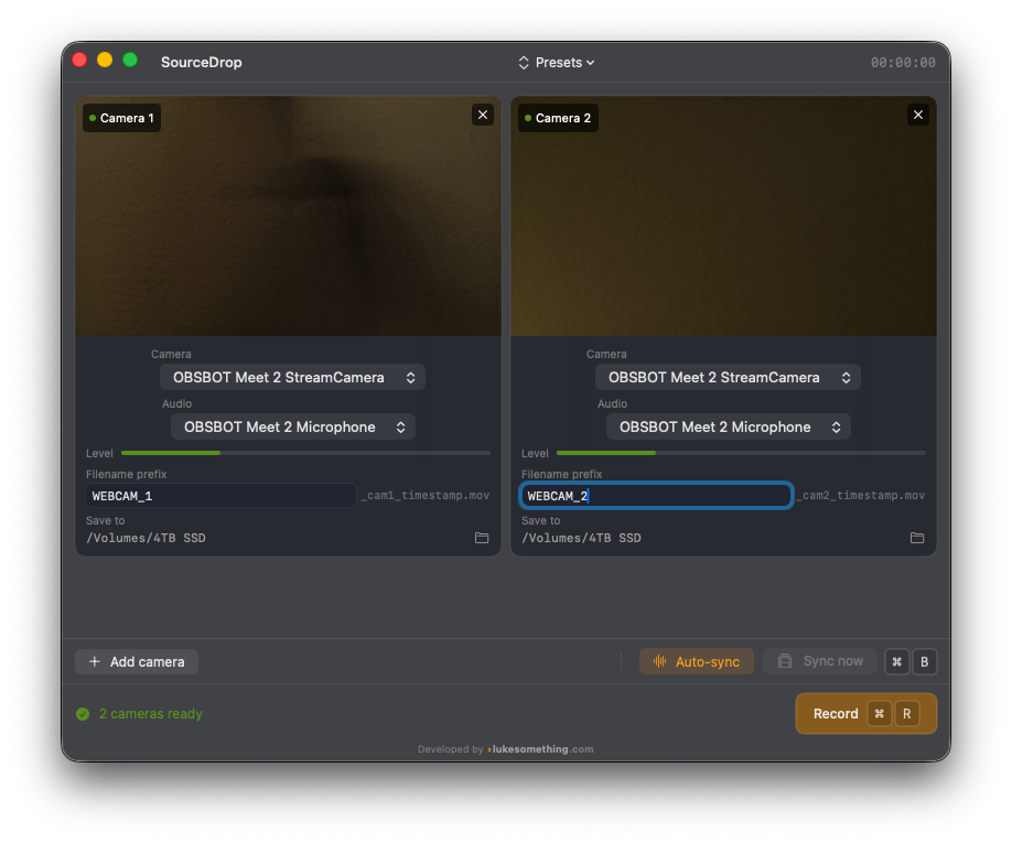 SourceDrop recording two OBSBOT webcams simultaneously, showing live camera previews, per-source audio levels, and independent filename and save-destination settings for each camera.